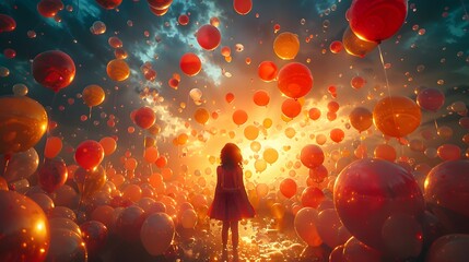 a girl surrounded by a kaleidoscope of balloons, their buoyant shapes floating gracefully in the...