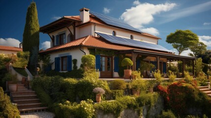 Fototapeta premium photo of solar panels on the roof, sun shining brightly, house with red tile roof, blue sky. Generative ai