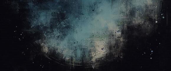 Glitter mist. Paint water splash. Magic spell. Blue teal aqua silver gray color gradient shiny smoke veil wave on black abstract art background with free space.