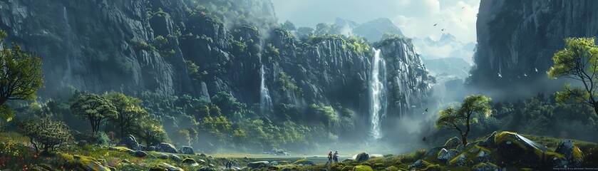 Create a scene where hikers pause to admire a majestic waterfall cascading down rocky cliffs