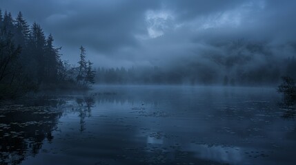 Mysterious pond at dusk, with fog rolling in, silhouetted trees, and clouds merging with the water's surface, creating a haunting scene