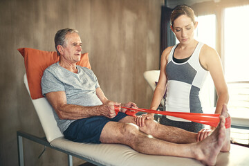 Help, physiotherapist and senior man with resistance band in clinic for physiotherapy, support or...