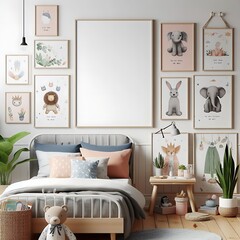 bedRoom with a mockup poster empty white and sets have mockup poster empty white have mockup poster empty white with a bed and pictures on the wall meaning card design lively.