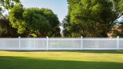 A white picket fence with a green tree behind it. The fence is in a yard with a grassy area
