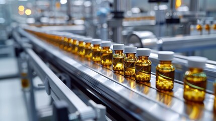 High-resolution image of a conveyor belt with small glass medicine bottles in a modern pharmaceutical factory