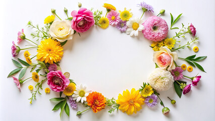 A delicate arrangement of vibrant flowers forming a circular frame against a white background, perfect for adding text or graphics in the copy space.