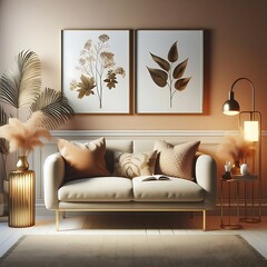 living room space have couch with pillows and a lamp in front of a painting used for printing card design harmony lively.