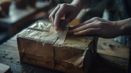 High-resolution close-up of a worn gift box with peeling tape, a person's hands carefully resealing it, modern background
