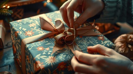 Hands preparing a gift box with vintage wrapping paper, sealing with glue tape, and adding a final touch with a luxurious ribbon, close-up view