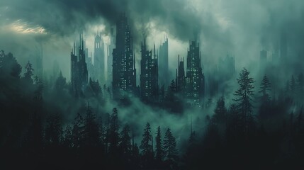 Spooky dark cityscape with towering skyscrapers, surrounded by dense, shadowy forest and swirling fog, under a stormy sky