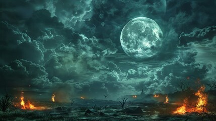 Spooky Halloween background with a haunting night sky, full moon shrouded in eerie clouds, casting a mystical glow over a moonlit landscape with flickering fire