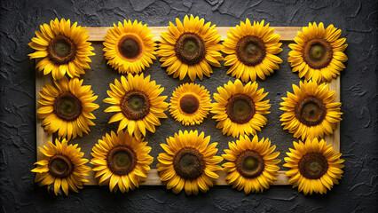 An overhead shot of vibrant sunflowers arranged in a square frame pattern against a dark backdrop, creating a striking contrast.