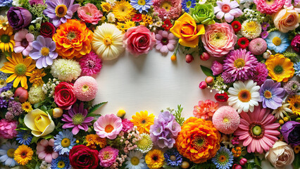 A top-down view of assorted colorful flowers meticulously arranged to create a stunning floral frame, perfect for various design projects