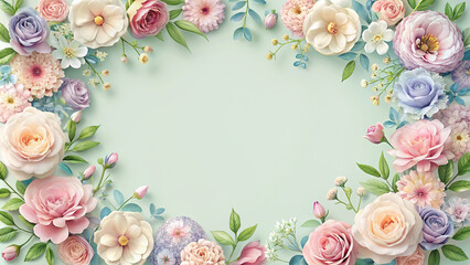 A delicate arrangement of pastel-hued flowers forming an elegant border around a blank space, ideal for adding personalized messages or graphics