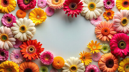 A top-down view of a flat lay arrangement of colorful gerbera daisies forming a vibrant border around a blank surface, offering ample space for text or graphics.