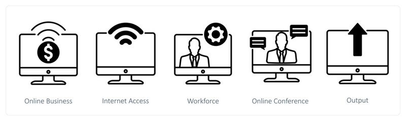 A set of 5 Business and Office icons as online business, internet access, workforce