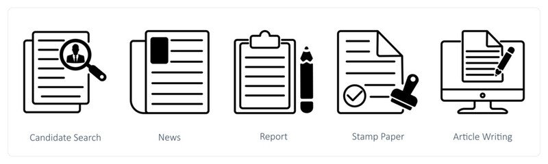A set of 5 Business and Office icons as candidate search, news, report