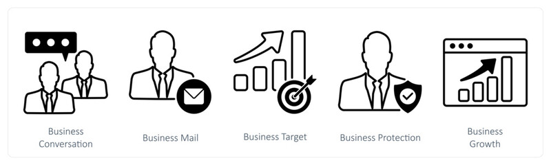 A set of 5 Business and Office icons as business conversation, business mail, business target