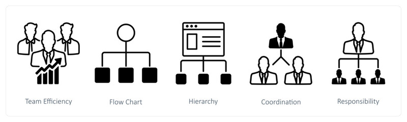 A set of 5 Business and Office icons as team efficiency, flow chart, hierarchy