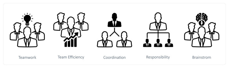 A set of 5 Business and Office icons as teamwork, team efficiency, coordination