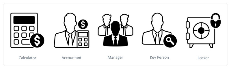 A set of 5 Business and Office icons as calculator, accountant, manager