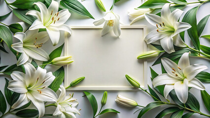 An elegant flat lay of white lilies and green leaves forming a graceful frame around a blank canvas, perfect for sophisticated design projects.