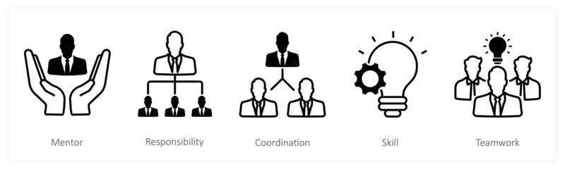 A set of 5 Business and Office icons as mentor, responsibility, coordination, skill