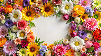 Top view of assorted flowers beautifully arranged in a symmetrical floral frame, perfect for adding text or graphics 