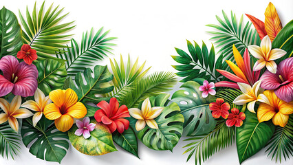 A creative arrangement of tropical flowers and palm leaves forming an exotic border, perfect for summer-themed designs