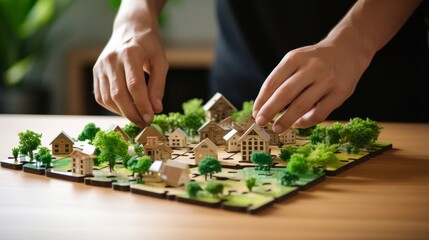 Fototapeta premium Close up hands of male architects or developer analysing joint project for a future residential complex.