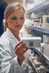 Reading, label and woman in pharmacy with drugs, pills or search for prescription medicine...