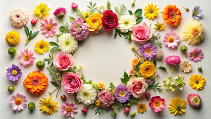A beautiful flat lay composition of flowers forming a circular frame, suitable for various design projects 