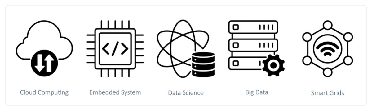 A set of 5 Industrial icons as cloud computing, embedded system, data science