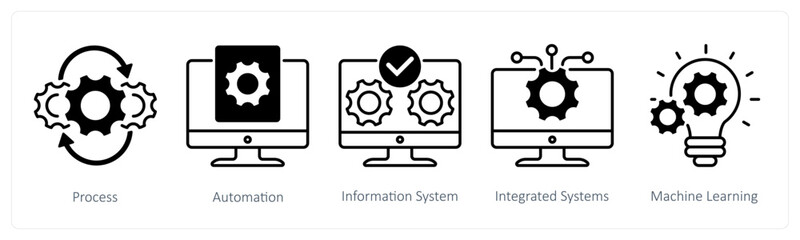 A set of 5 Industrial icons as process, automation, infomation system, integrated systems