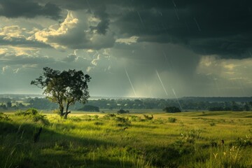 Peaceful Meadow with Stream and Forest Background