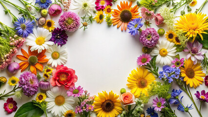 A vibrant array of wildflowers arranged in a circular pattern, creating a charming frame with plenty of space for text or graphics.