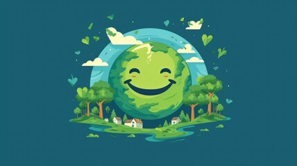 Happy cartoon Earth with vibrant nature elements. Ecological and environment-friendly concept with cheerful character for design and educational purpose. Green energy. Environmentally concept. AIG35.