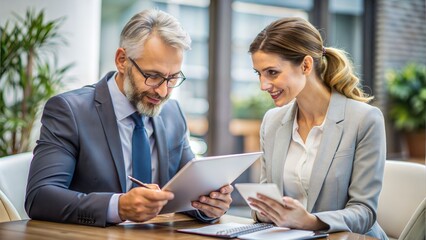 Insurance Policy Review: An insurance agent explaining policy details to a client, with documents and digital tools at hand, emphasizing client service and information clarity.
