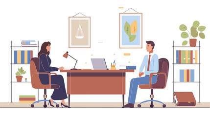 Concept of mediation. Man and woman sitting at desk d
