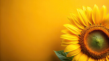 A close-up shot of a sunflower placed in the corner of a frame against a bright yellow background, exuding warmth and positivity.
