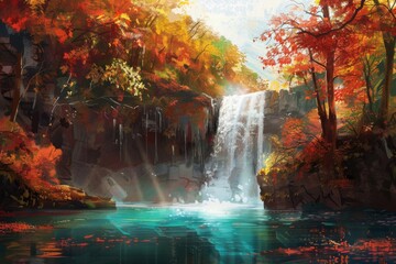 Autumn Waterfall Surrounded by Vibrant Foliage