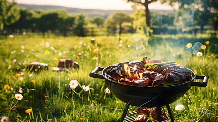 Summer or spring barbecue outdoors in a meadow