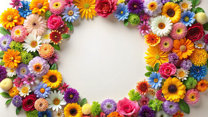 An artistic composition of colorful blooms forming a circular frame, with a blank center for adding custom content or text.