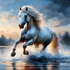 Painting of a white horse running through the water at sunset.