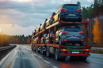 Cars carrier truck in the highway asphalt road