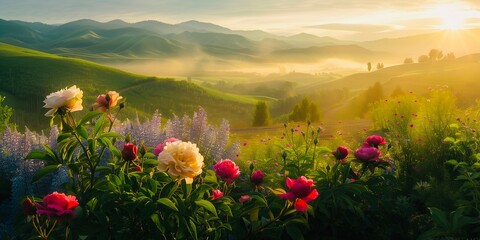 The wonder joy breathtaking morning landscape. The scene features vibrant roses, peonies, and peonies in full bloom background 