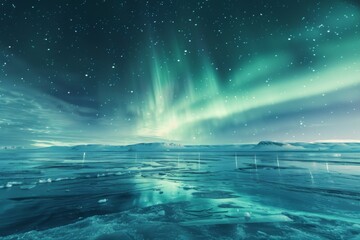 Northern Lights Over Frozen Lake with Mountains