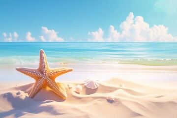 Fototapeta na wymiar Starfish on summer sunny beach at ocean background. Travel, vacation concepts