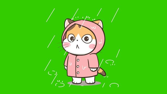 Animated Cat in Raincoat on Rainy Day - Green Screen