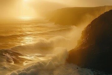 Waves Crashing on Cliffs at Sunset with Mist